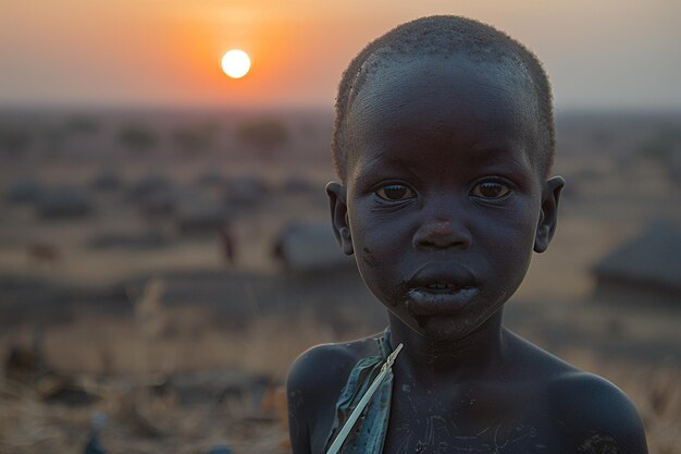 A young boy with a black head and a black shirt stands in front of a sunset