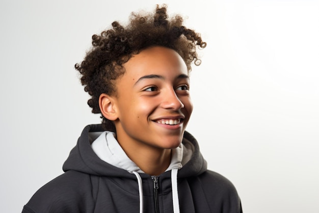 a young boy with a black hoodie smiles