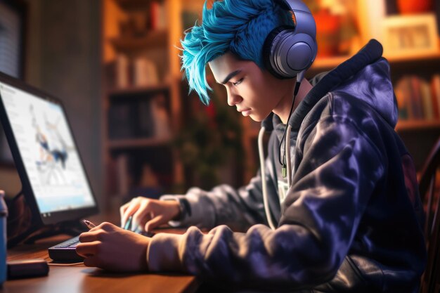 사진 집에서 책상에서 공부하는 파란 머리카락의 어린 소년 ai 생성 콘텐츠
