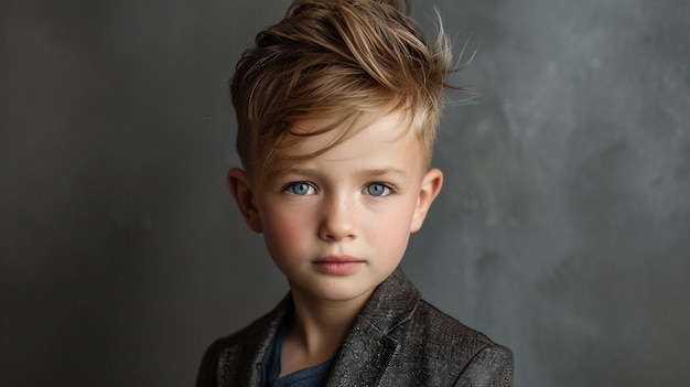 a young boy with a blue shirt and a sweater on