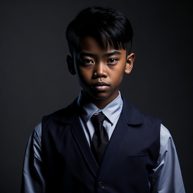 A young boy with a blue shirt and a tie is standing in front of a dark background.