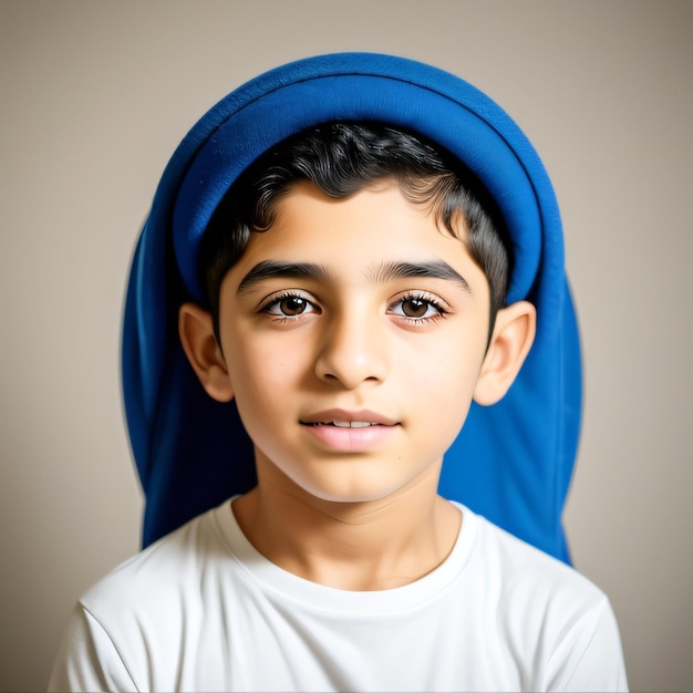 A young boy with a blue towel on his head is wearing a white shirt.