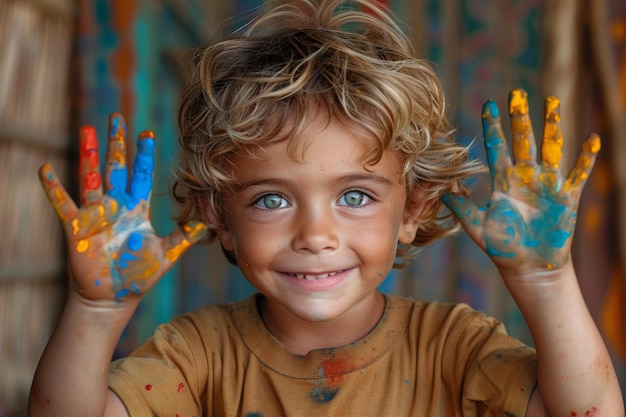 Young Boy With Blue and Yellow Hands