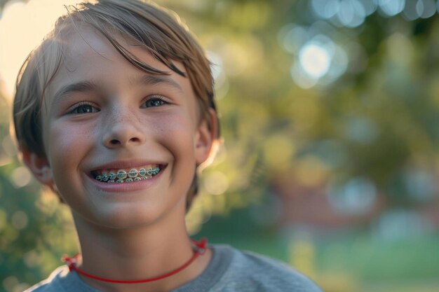 Photo a young boy with braces smiling for the camera