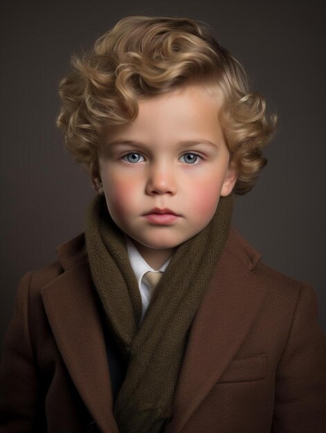 Photo a young boy with a brown coat and a tie that says  hes wearing a brown coat