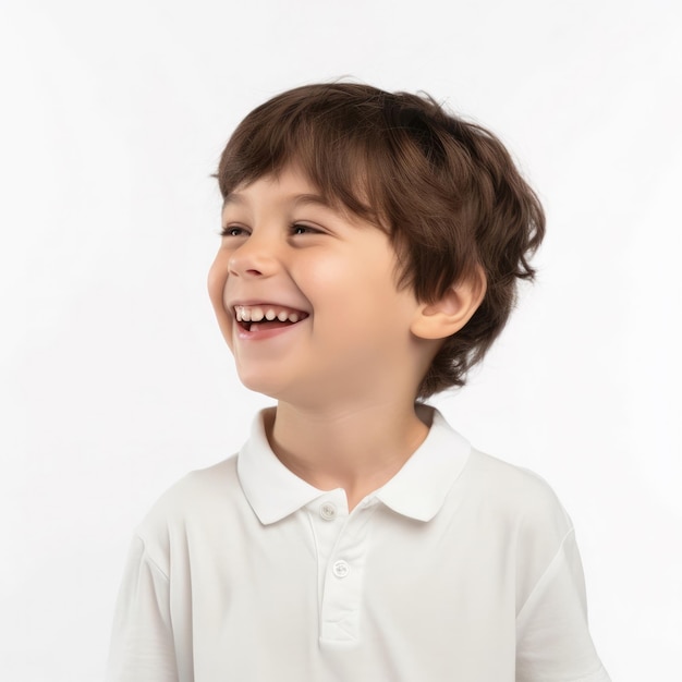 A young boy with brown hair and a white polo shirt is smiling.