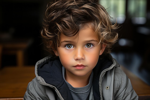 a young boy with curly hair sitting at a table