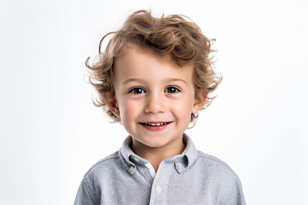 A young boy with curly hair smiles for the camera.
