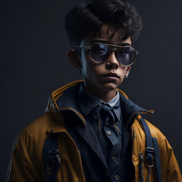 A young boy with curly hair and sunglasses stands in a dark room.