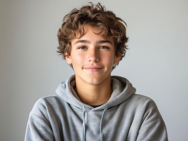 A young boy with curly hair wearing a gray hoodie