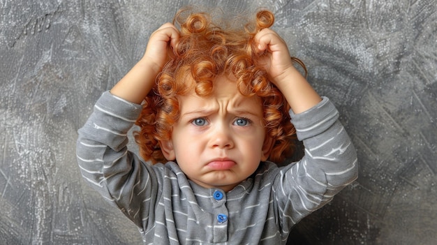 Photo a young boy with curly red hair holding his hands on top of his head