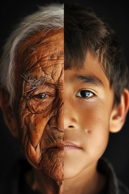 Young boy with face painted as old man