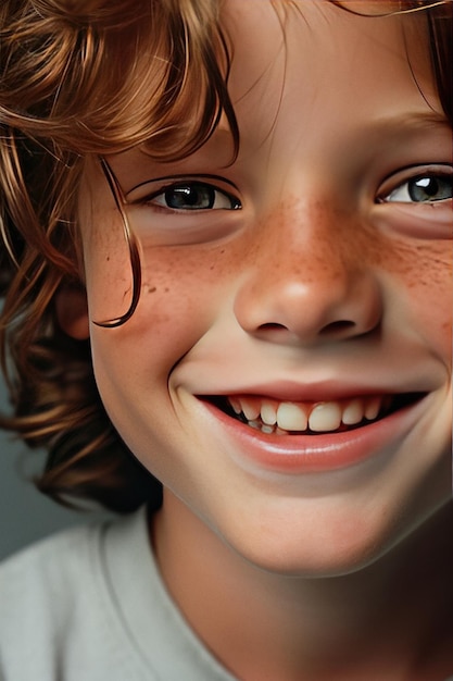 Young boy with freckles is smiling to the camera extreme close up