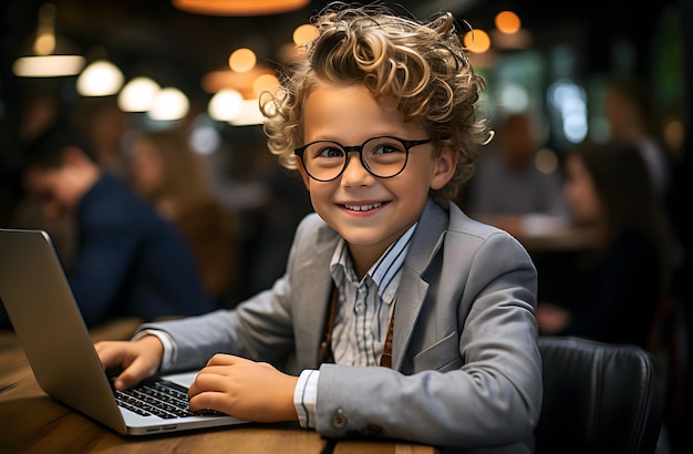 Молодой мальчик в очках, в костюме и ноутбуке.