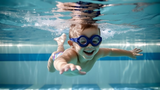 Young boy with goggles swimming underwater in the swimming pool