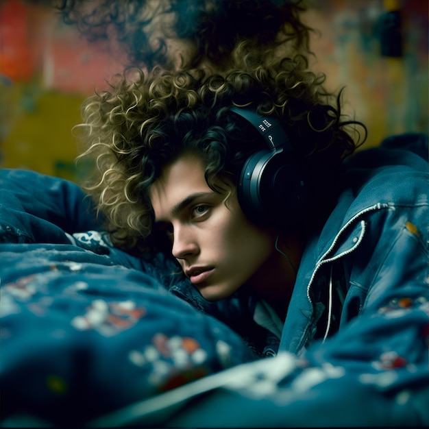 Young boy with headphones listening to music on the sofa