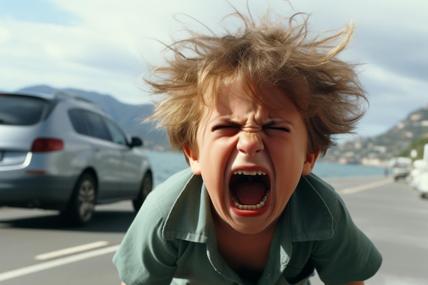 a young boy with his mouth open in front of a car