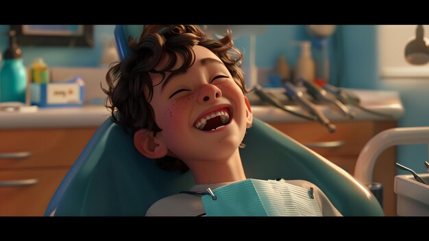 치과의사 사무실에서 기쁜 표정을 가진 어린 소년 치과 치료의 만화 일러스트레이션 행복의 순간 인공지능이 포착