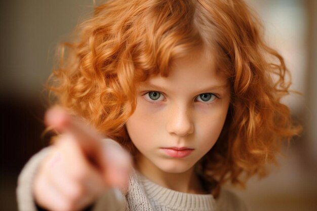 Photo a young boy with red hair pointing at a finger