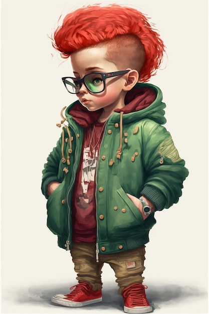 녹색 재킷 생성 인공 지능을 입고 빨간 머리를 가진 어린 소년