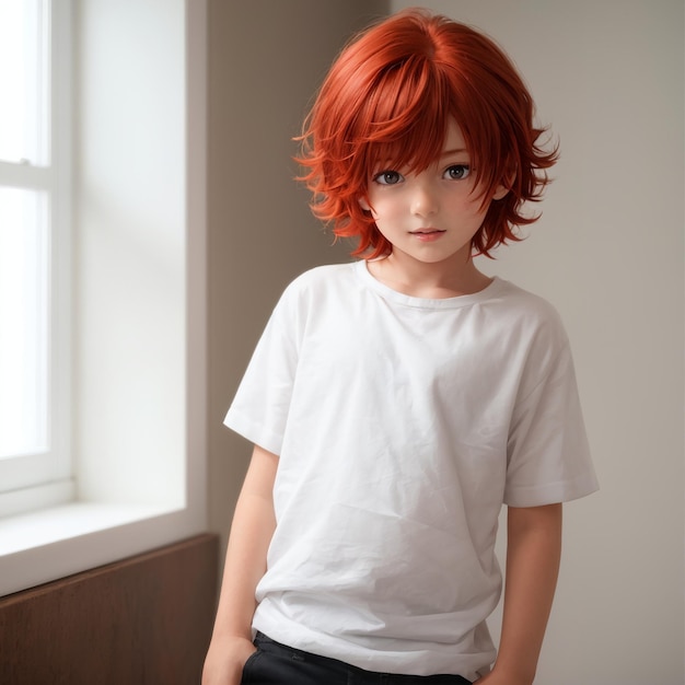 a young boy with red hair and a white shirt with a white shirt that says " red hair ".