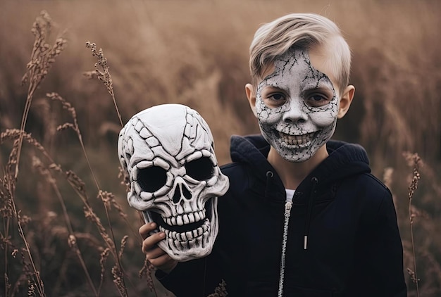 young boy with scary mask and skeleton halloween decoration s in the style of authentic depictions