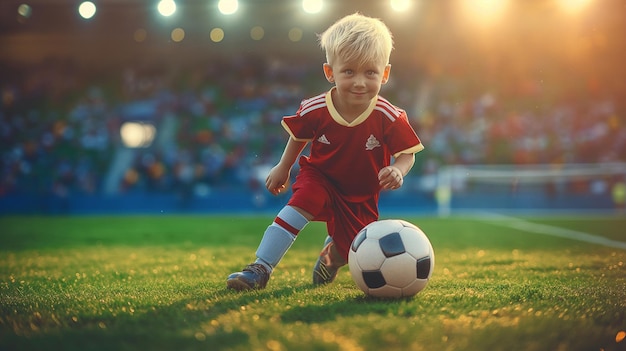 a young boy with a soccer ball on the field