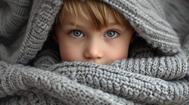 Young boy with striking blue eyes covered in a grey knitted blanket