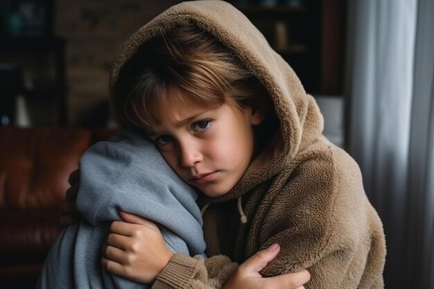 a young boy wrapped up in a blanket