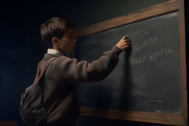 A young boy writing on a blackboard in a dimly lit room