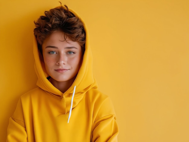 A young boy in a yellow hoodie leaning against a wall