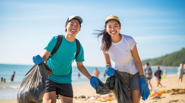 Young boys and girls recycling cleaning beach helping the local community with sustainable travel