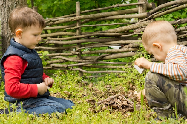 小さなキャンプファイヤーに火をつけるマッチで遊ぶ少年たち