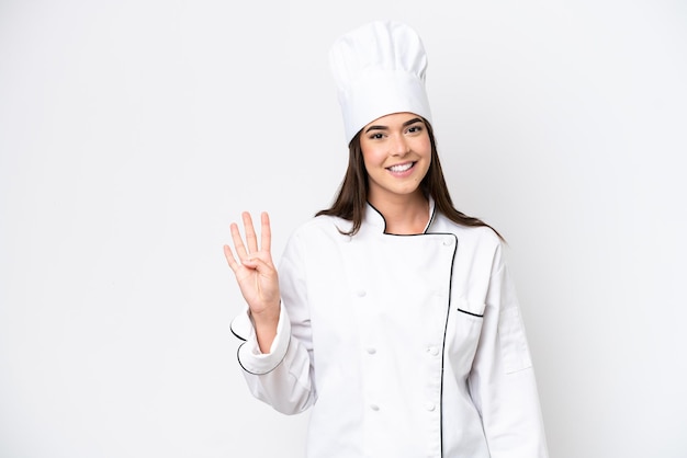 Young Brazilian chef woman isolated on white background happy and counting four with fingers