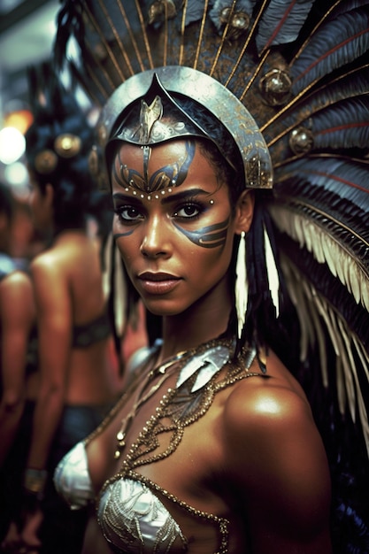 Молодая бразильянка элегантно одета для карнавала, украшена перьями и красочным макияжем. Она гламурно смотрит в камеру на этом потрясающем портрете, сделанном ИИ.