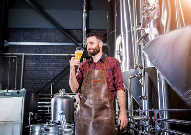 Young brewer wearing a leather apron is testing beer at a modern brewery