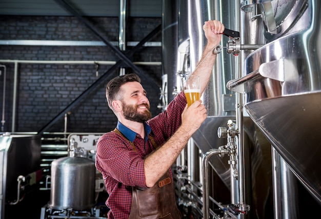 Il giovane birraio che indossa un grembiule di pelle sta testando la birra in un moderno birrificio