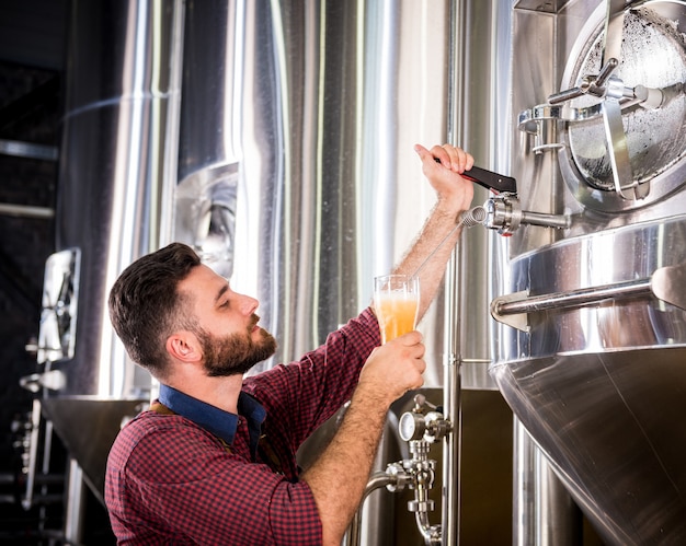 Young brewer wearing a leather apron is testing beer at a modern brewery