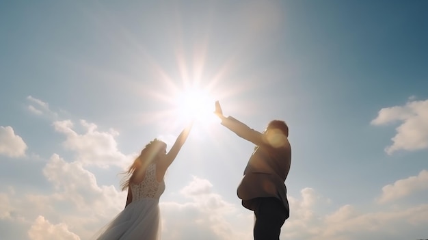 写真 若い新郎新婦は、太陽の順序で自然の中で結婚式の休日にポーズを取る家族のロマンチックな