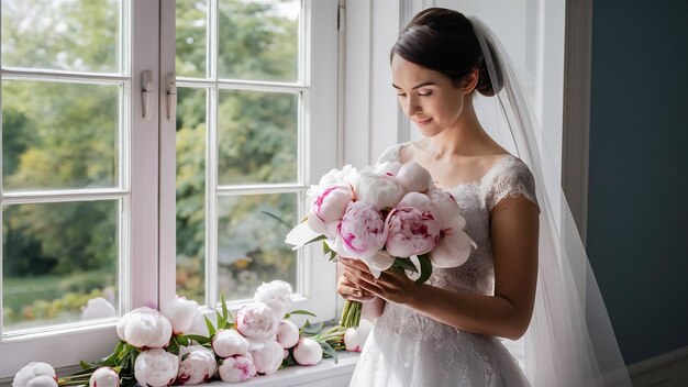 Young bride holds a bouuqet of peonies siting on the windowsill in the bright morning