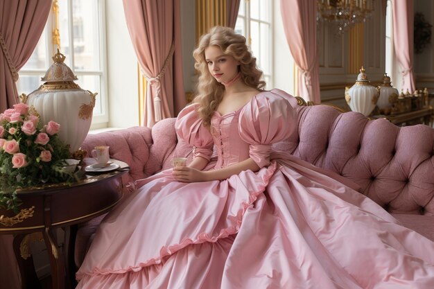 A young bride in a pink dress on a pink sofa