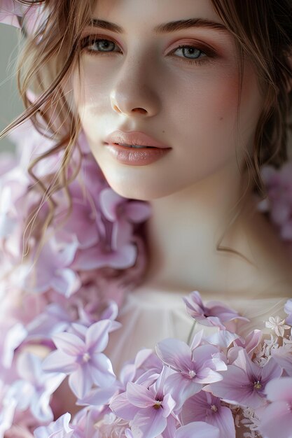 A young bride in a wedding dress decorated with delicate purple flowers