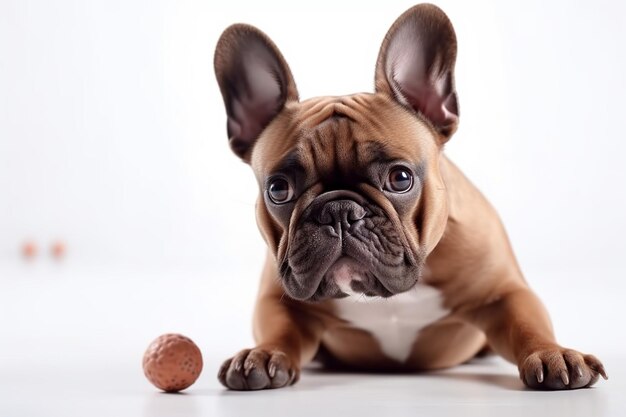 Young brown french bulldog playing isolated on white studio background