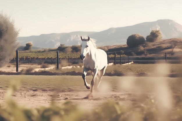 Young brown horse galloping jumping on the field on a neutral background neural network ai