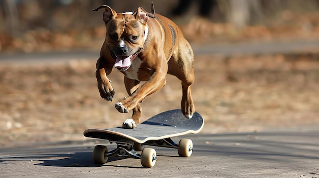 灰色のコンクリート道路でスケートボードをしている若い茶色と白のピットブル犬犬の顔には決定的な表情があり木々に囲まれています