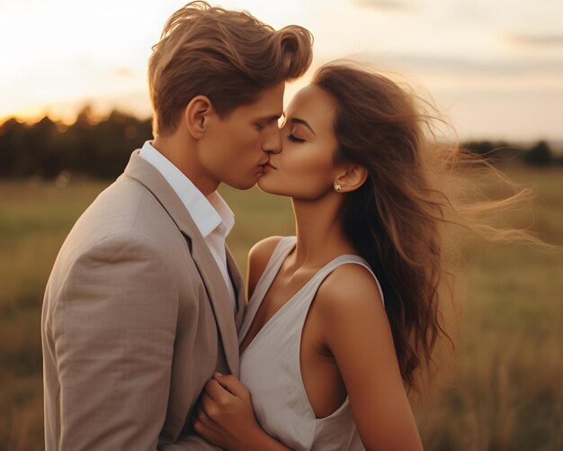 Photo young brunette attractive woman kissing her boyfriend