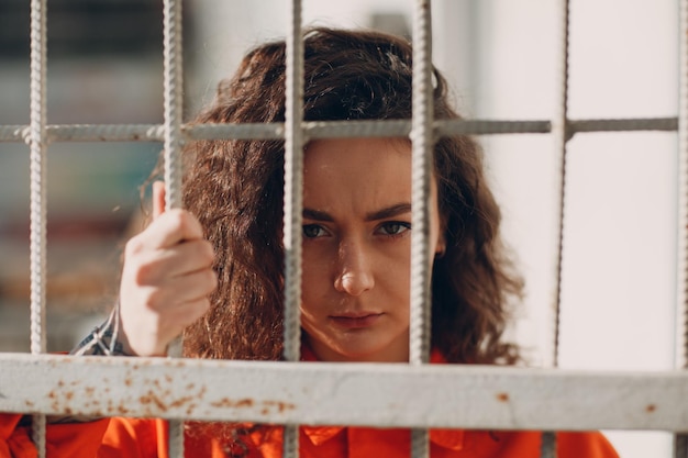 Young brunette curly woman in orange suit behind jail bars Female in colorful overalls portrait