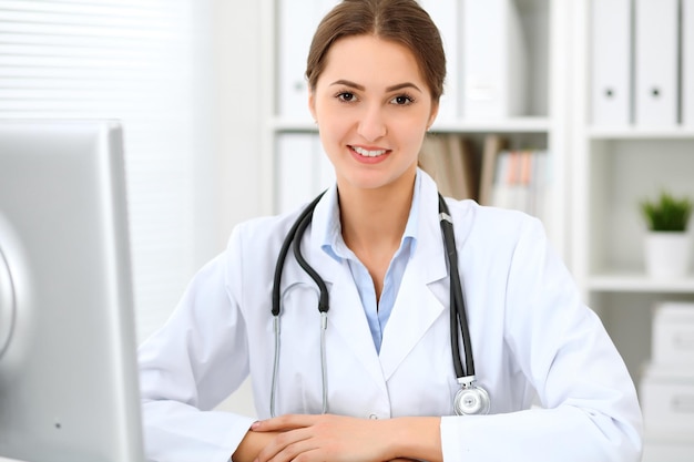 Young brunette female doctor sitting at the table and working at hospital office