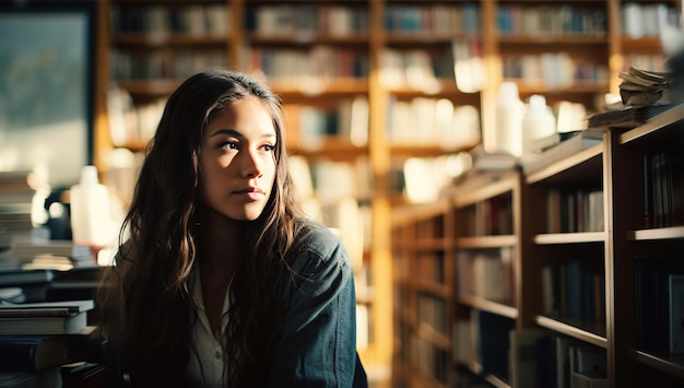 A young brunette with long hair looks thoughtfully to the side in a library bathed in sunlight