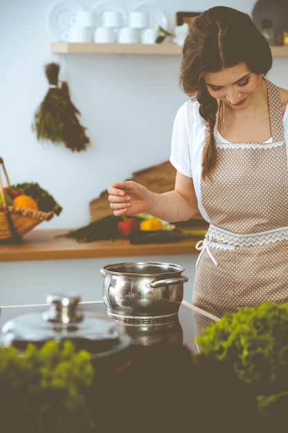 Young brunette woman cooking soup in kitchen. Food and health concept.